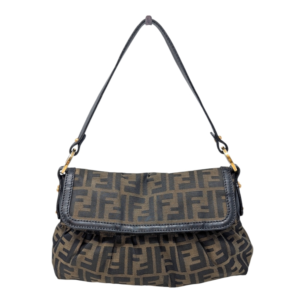 Fendi Chef Bag Zucca Canvas Small Shoulder Bag Brown Tan Gold Hardware